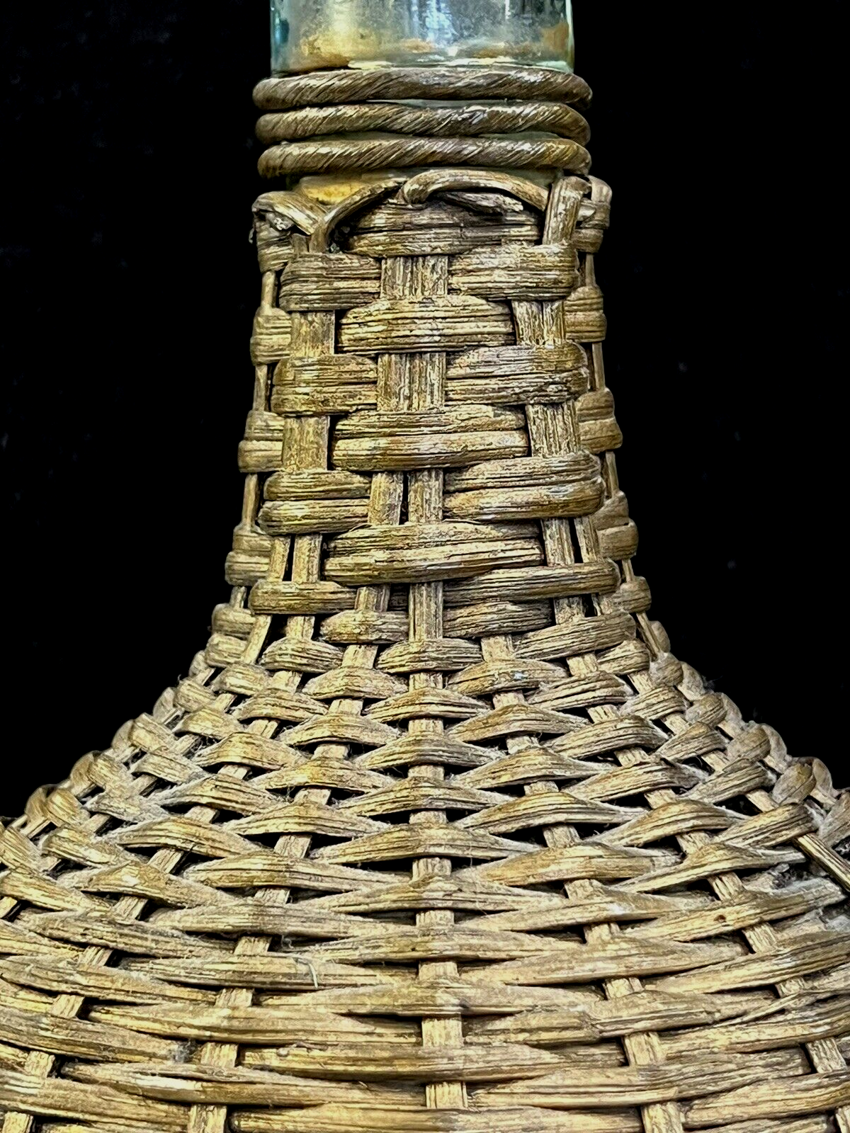 French Glass Woven Wicker Demijohn Bottle Rustic Farmhouse  Wickerware Antique
