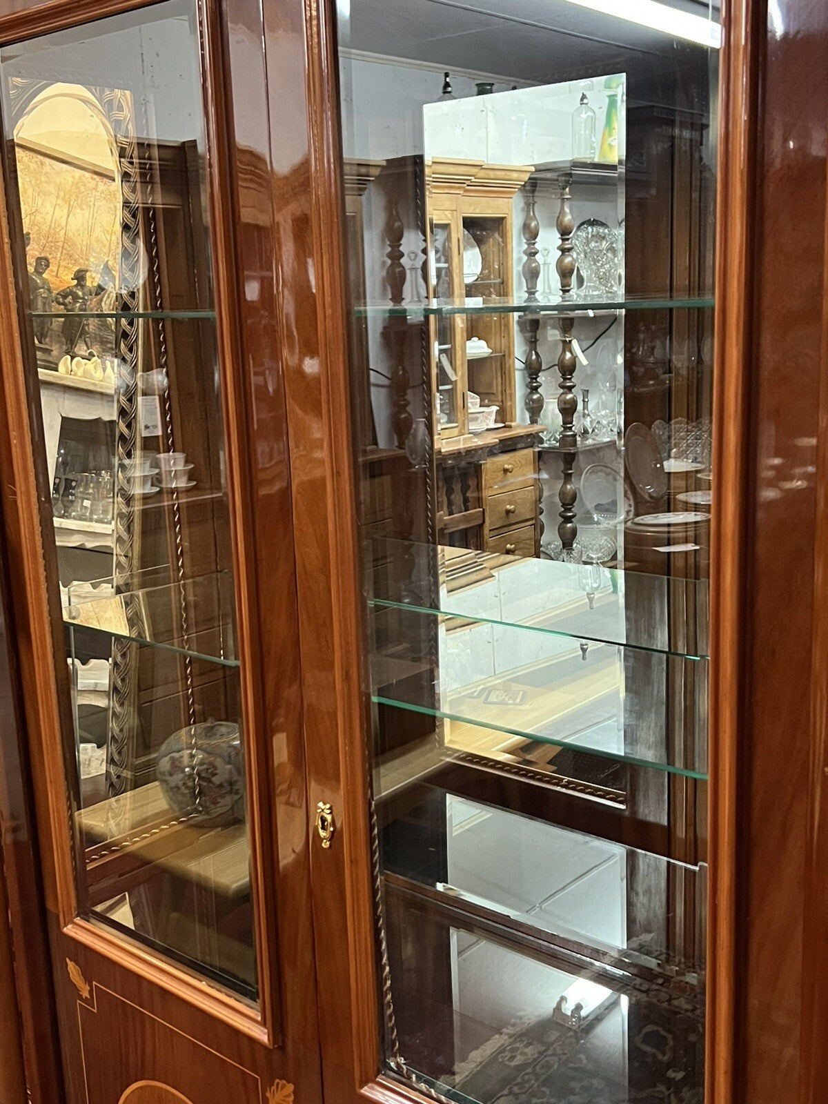 French Empire 2 Door Cabinet w Glass Shelves Inlaid Designs