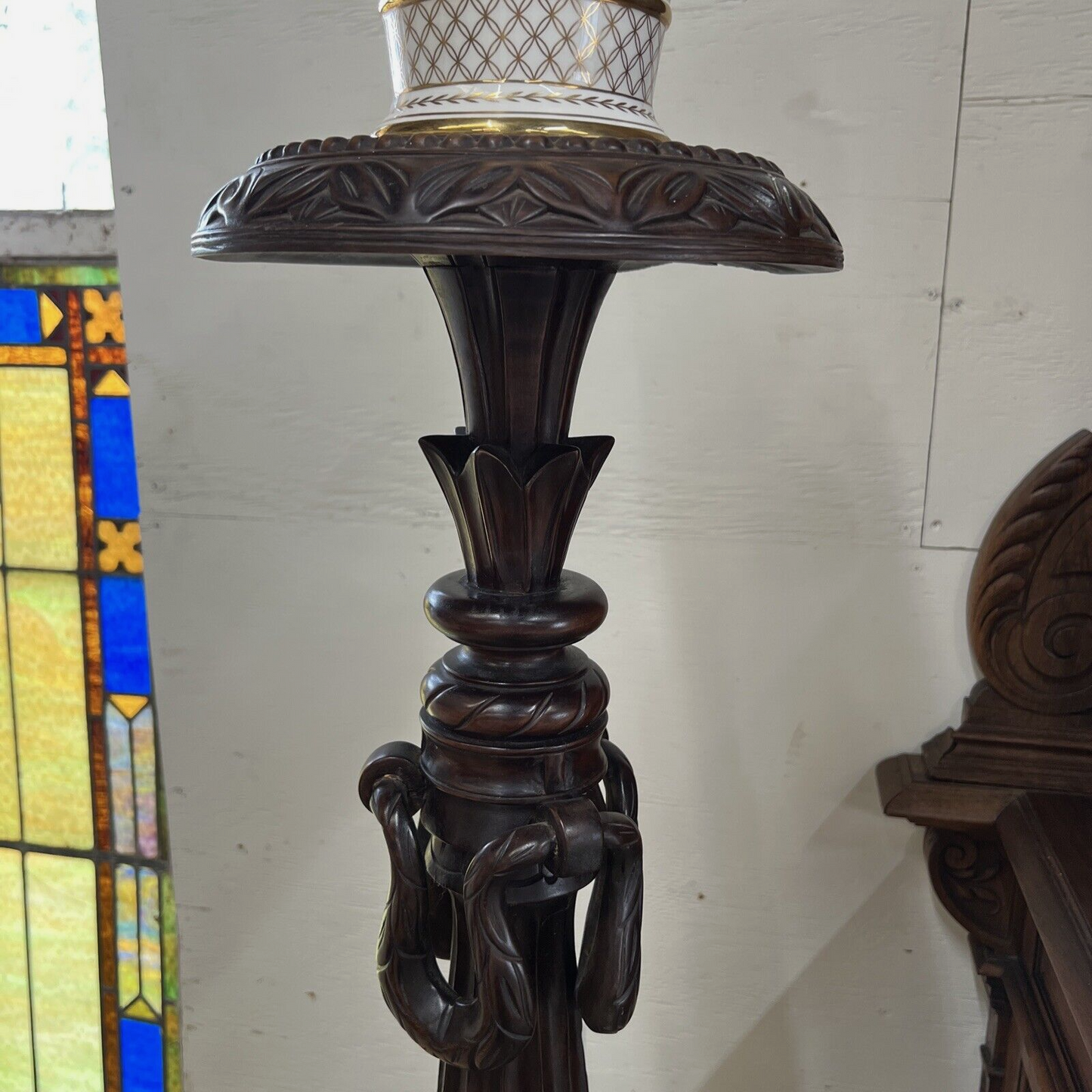 Pair of Classical Carved Mahogany Pedestal Plant Stands H 5 ft Scroll Base