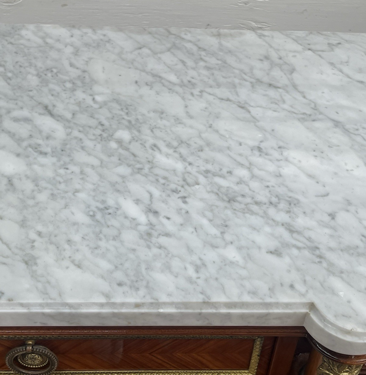 FRENCH LOUIS XVI MARBLE-TOP LACQUERED MARQUETRY DEMILUNE ENFILADE SIDEBOARD 105"