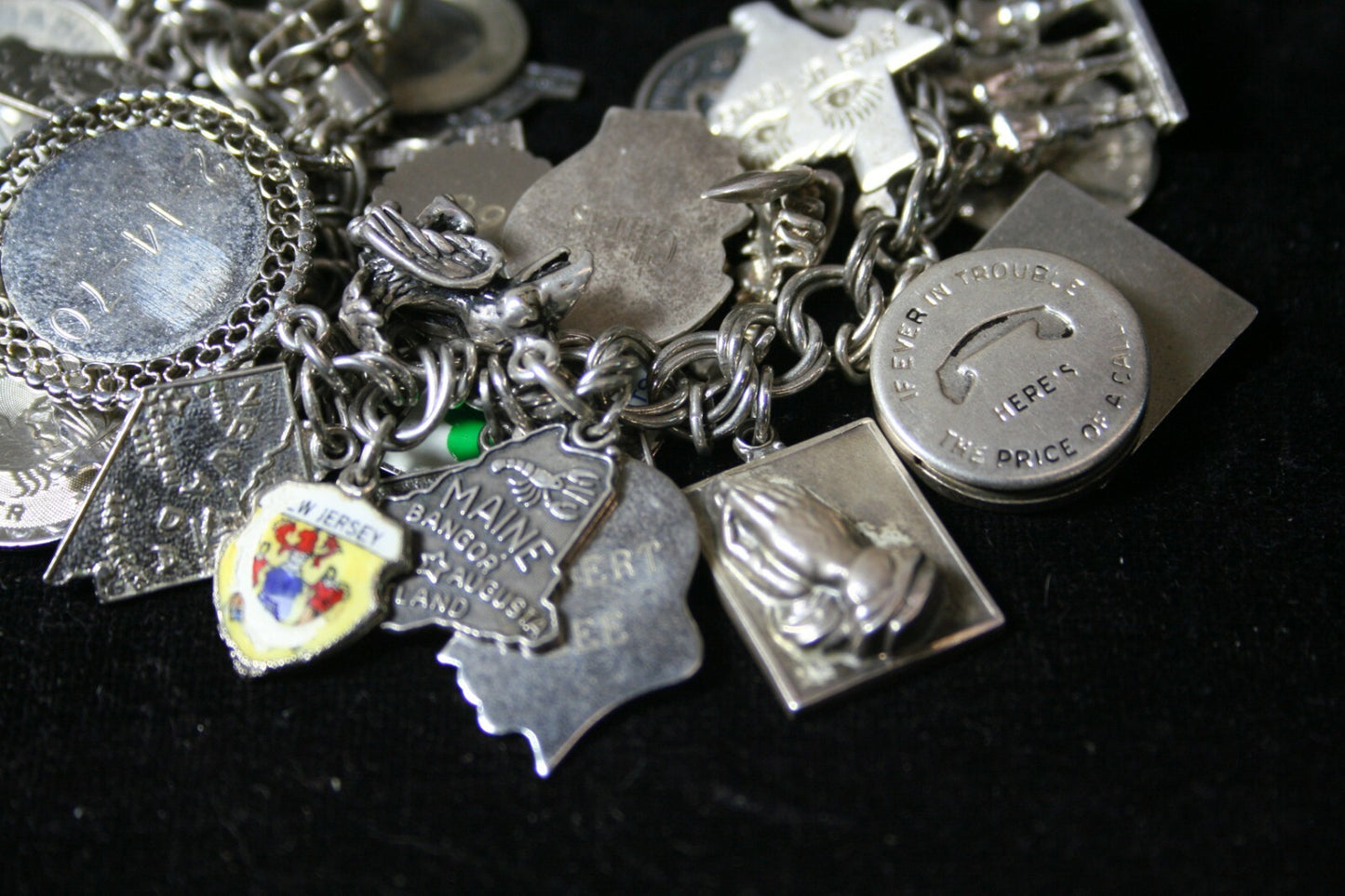 VTG Sterling Silver Charm Bracelet  7-1/4" (125 g) 1960's Safety Chain 43 Charms