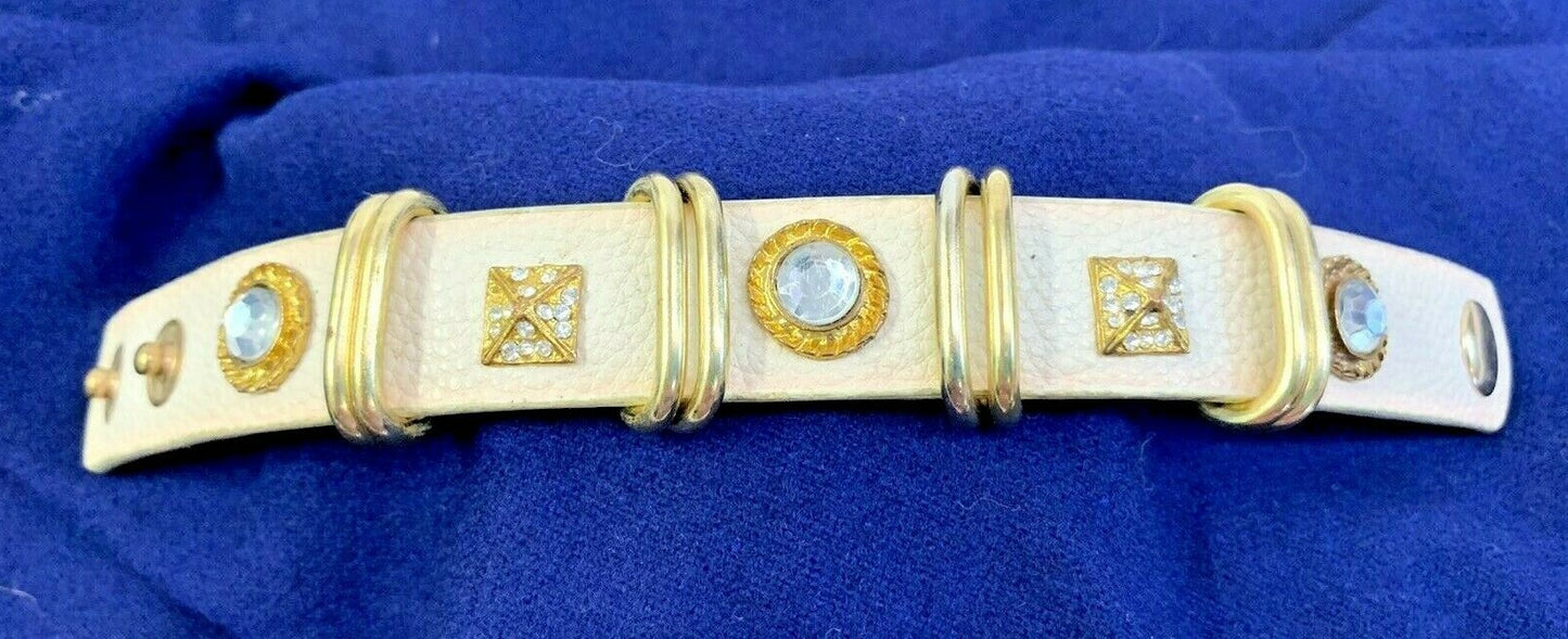 Yik Fung Genuine Leather Clear Rhinestone Studded Gold Tone Snap Bracelet