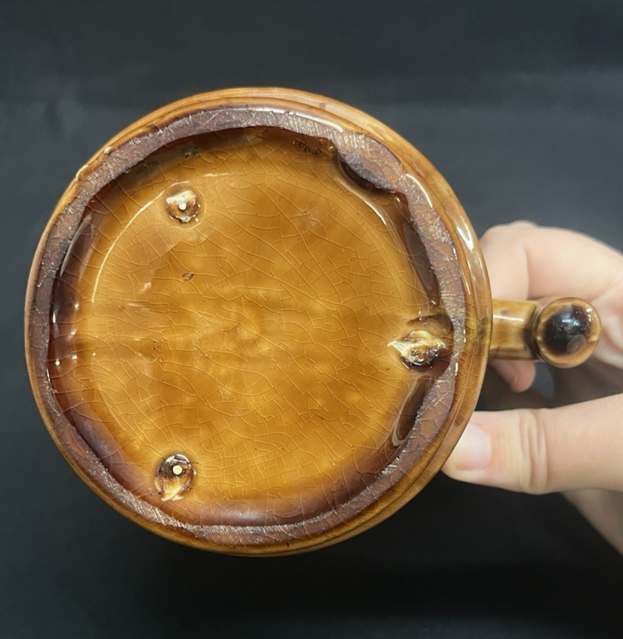 Antique Majolica Oak Leaf & Acorn Green Into Brown Glazed Pitcher 6.5"