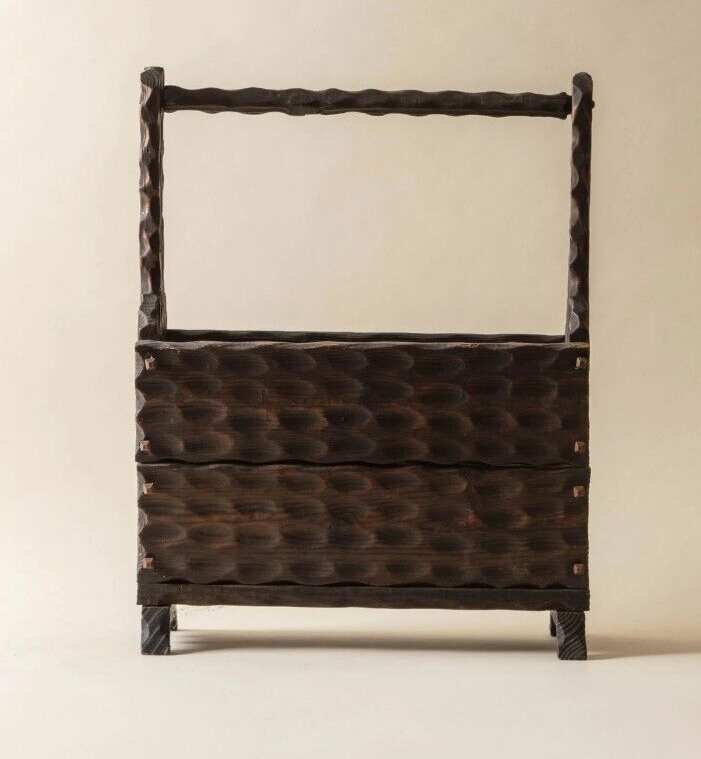 Spanish Brutalist Carved Wood Magazine Rack Vintage Farmhouse Lodge Rustic