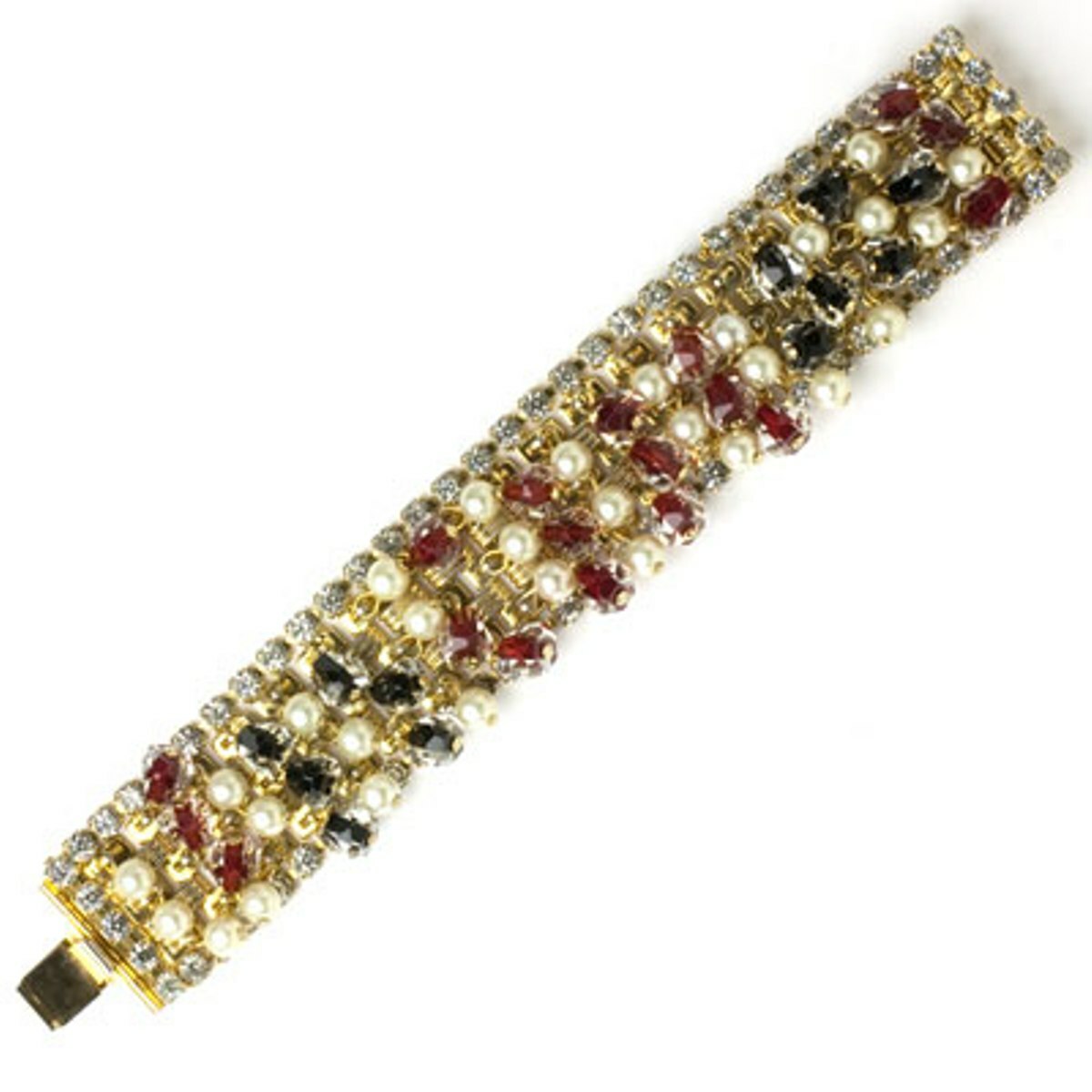 HOBE Ruby Onyx Pearl Diamanté & Gold Dangling Bracelet 1950's Hollywood Bling
