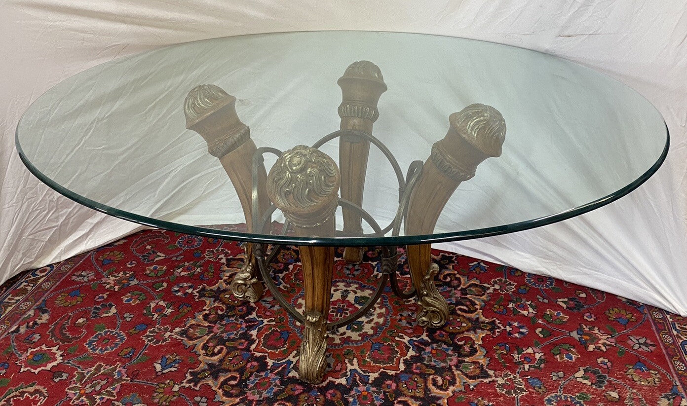 68" Round LARGE CONTEMPORARY GLASS-TOP Dining TABLE 4wood Carved & Iron Supports