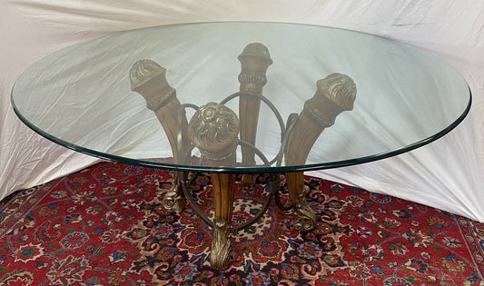 68" Round LARGE CONTEMPORARY GLASS-TOP Dining TABLE 4wood Carved & Iron Supports
