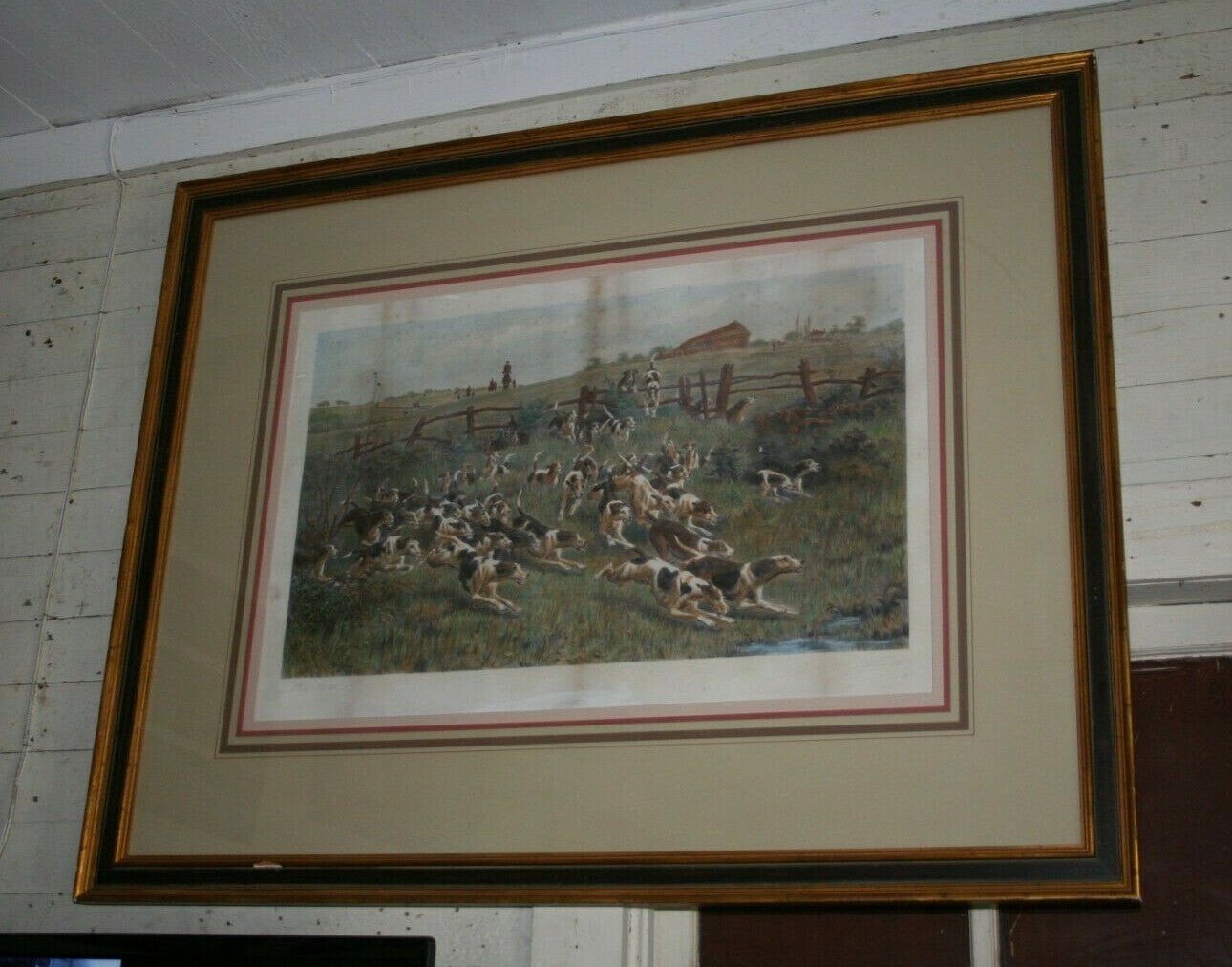 Large Framed Fox Hunt Framed Print Lithograph Engraving by Pratt 1887 Wood Frame