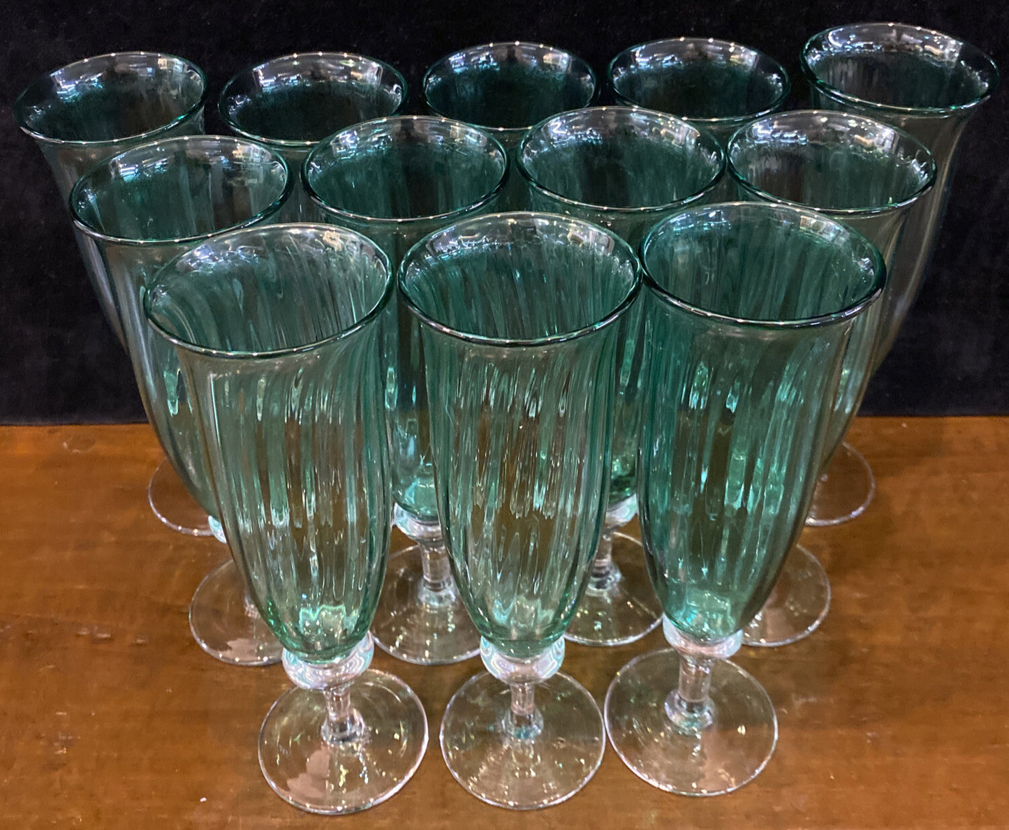 Set Of 12 Wilke Adolfsson Swedish Studio Glass 1993 Green Champagne Flute 8"