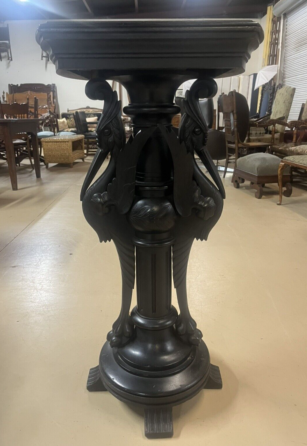 Antique Ebonized Black Wood Pedestal Plant Stand 2 Cranes FS16