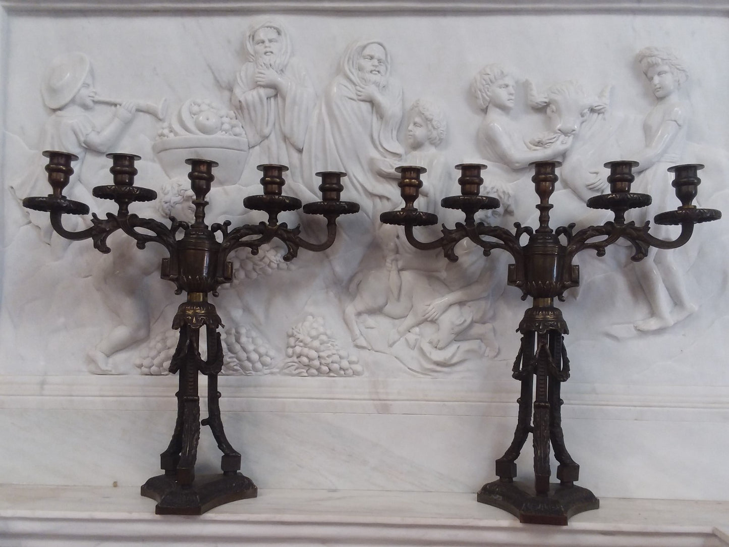 Pair Antique Bronze 5 light Candlesticks H 20" x W 18.5" Tripod Base Beautiful