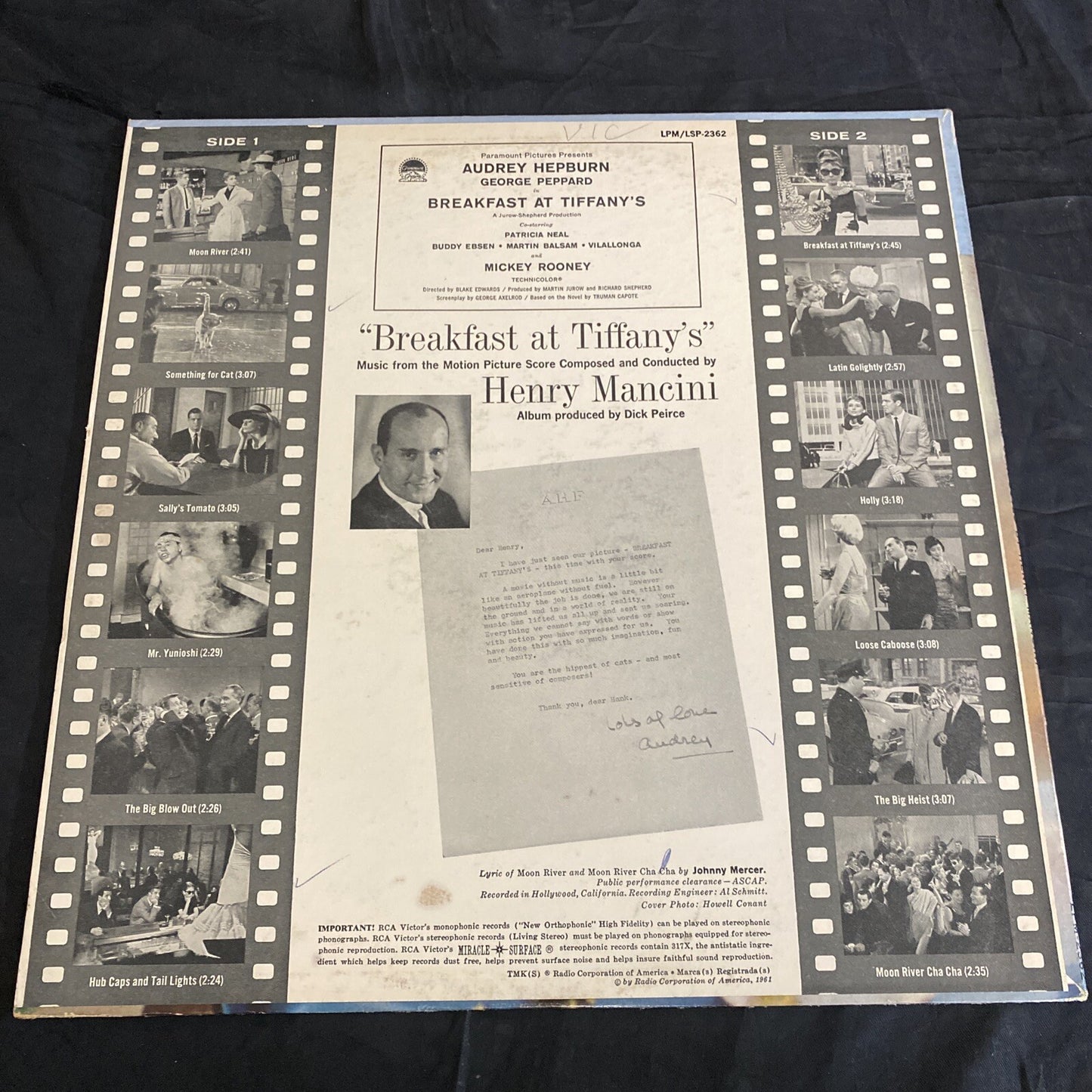 HENRY MANCINI-Breakfast At Tiffany's VINYL 12” LP 1961 RCA LSP-2362 NM/VG