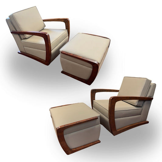 PAIR OF ART DECO STYLE UPHOLSTERED ARMCHAIRS & OTTOMANS