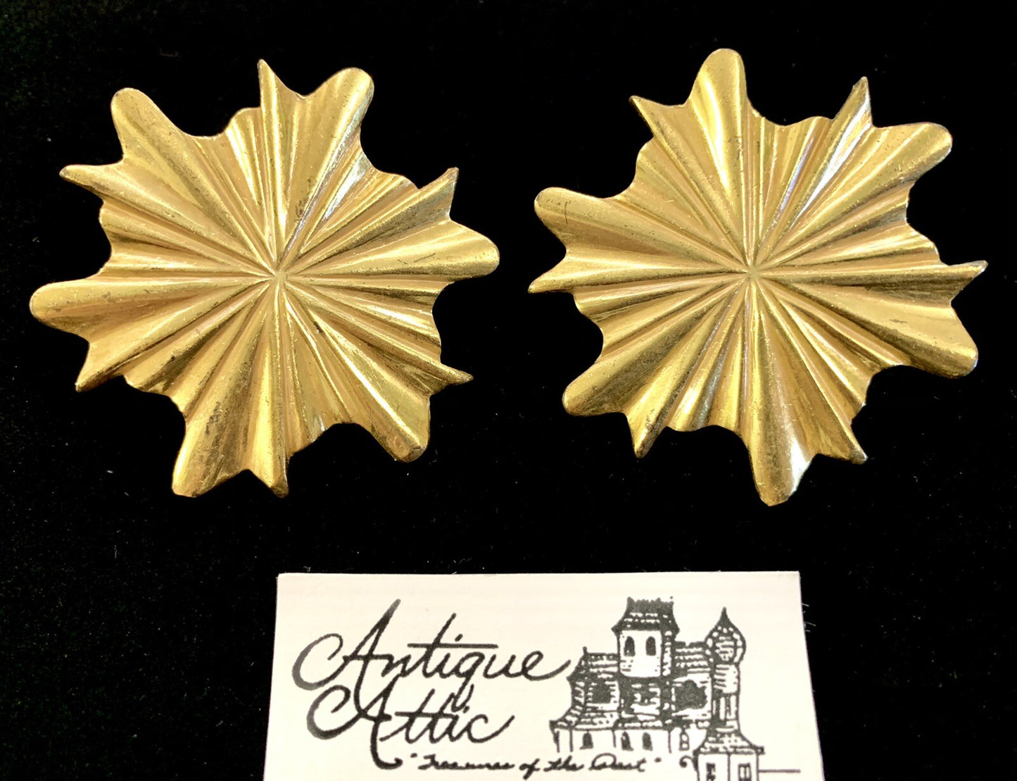 Miriam Haskell Signed Earrings Large 2" Gold Starburst Screw Back Clip MCM 60's
