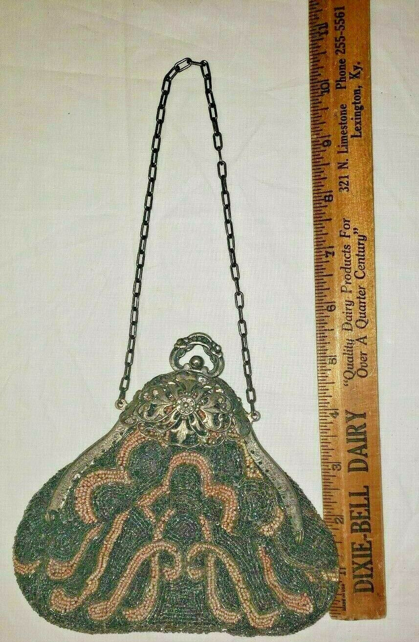 Antique Pink and Grey Beaded Purse Hand Made In France