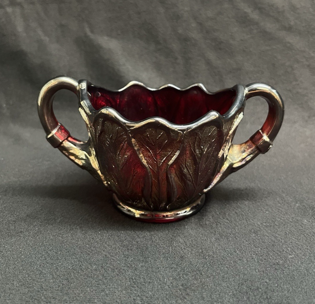 Vintage Imperial Glass Iridescent Everglade Sunset Ruby Red Creamer & Sugar