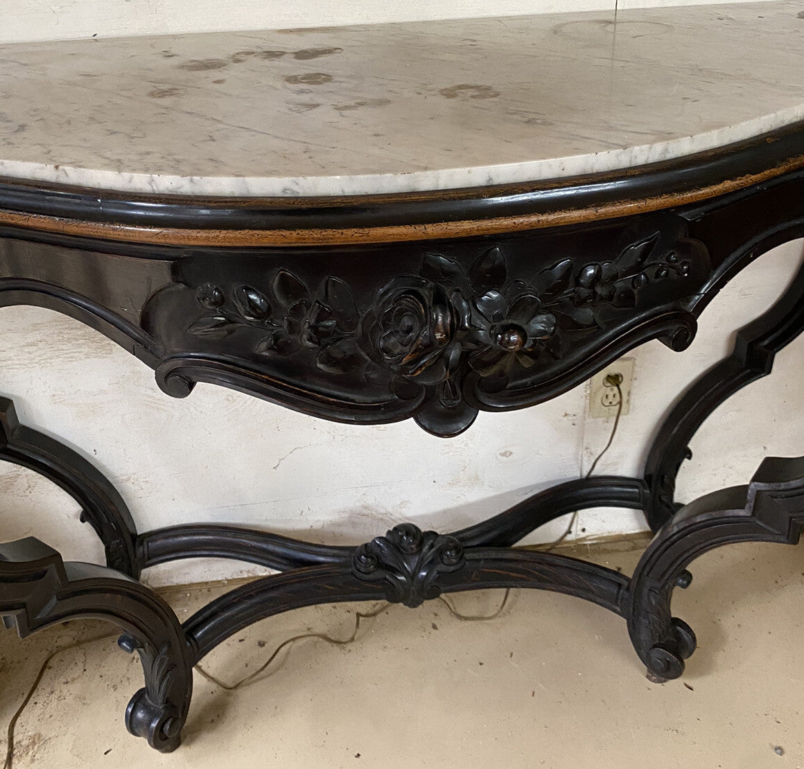 Antique French Louis XV Ebonized Bowfront Console Table w/ White Marble Top