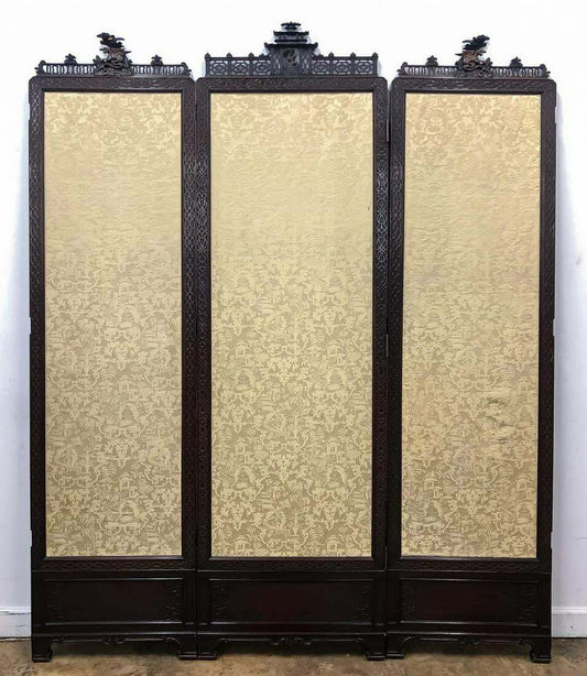 3 Panel Antique Chinese  Floor Screen H 88" x W 72"  Fine Carved Dragons Pagoda