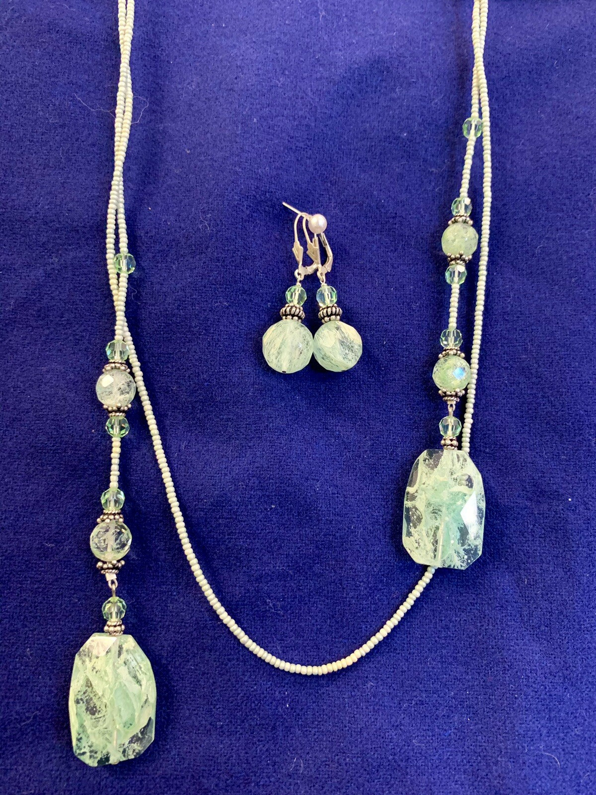 Glass Beaded 46" Mint Green Lariat Necklace & Earring Set Never Worn Great Gift
