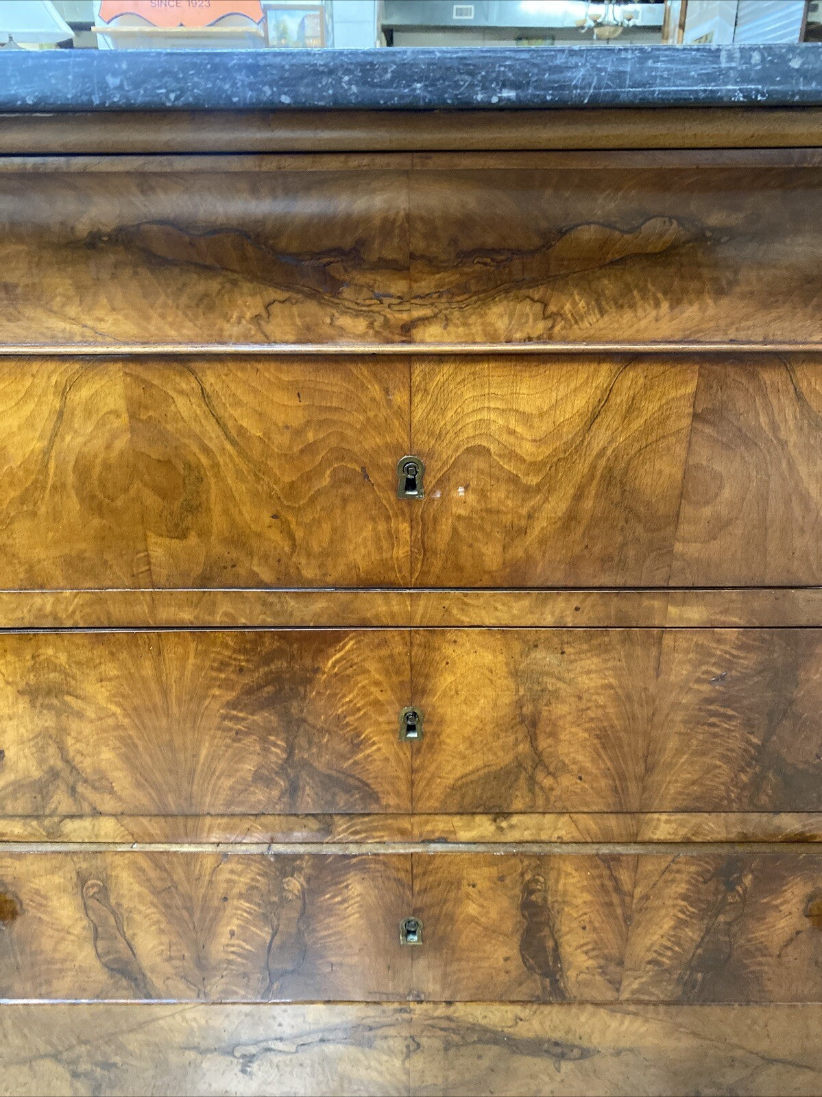 ANTIQUE FRENCH LOUIS PHILIPPE MARBLE-TOP FLAME BURLED MAHOGANY COMMODE CHEST