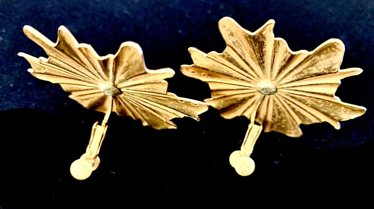 Miriam Haskell Signed Earrings Large 2" Gold Starburst Screw Back Clip MCM 60's