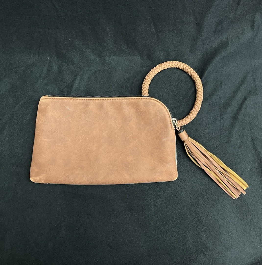 Cow Print Tassel Hand Clutch with Braided Bangle 10.75"
