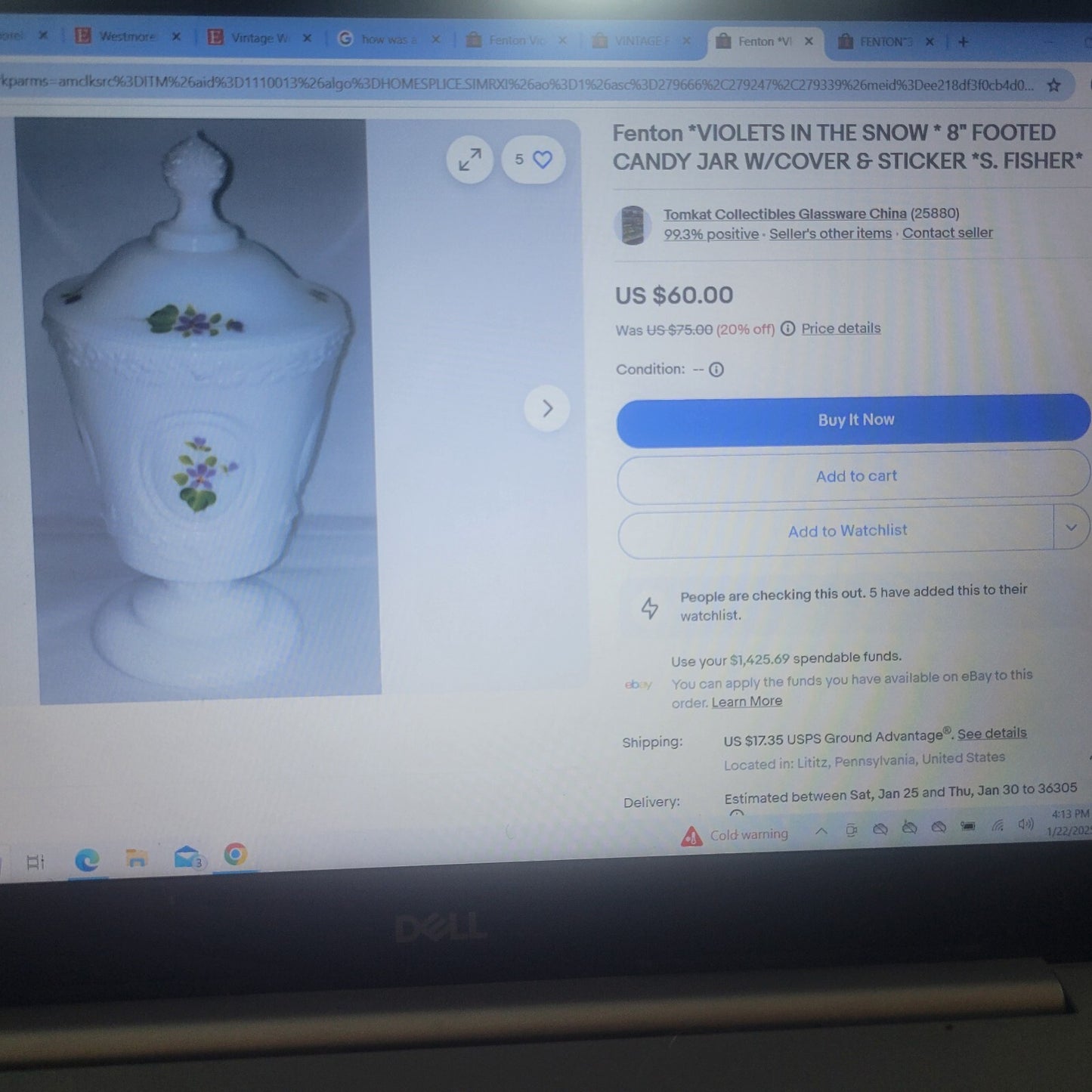 Fenton  Candy Dish "Violets in the Snow"  Milk Glass artist signed A Mullins