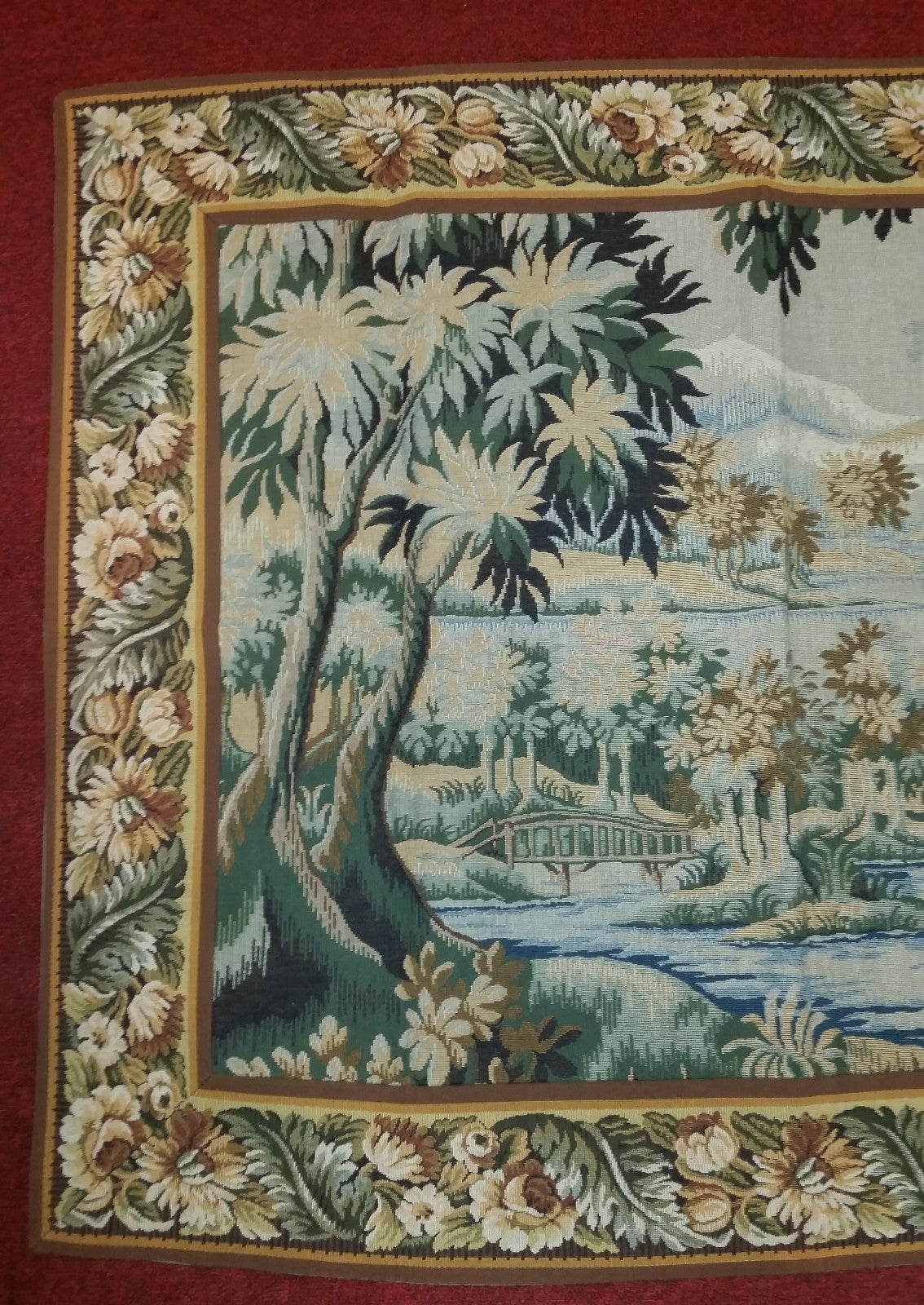 Tapestry Landscape with Bridge 35"x45" Foret de Marly Hunting Ground of Fr Kings