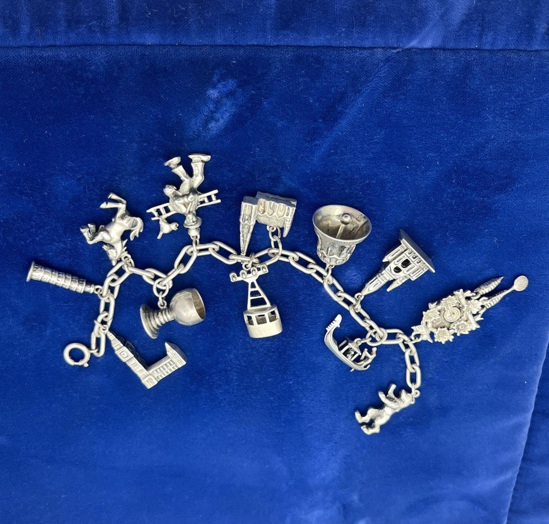 Vintage German 835 Sterling Silver Charm Bracelet  12 Charms 7 3/8 in Length