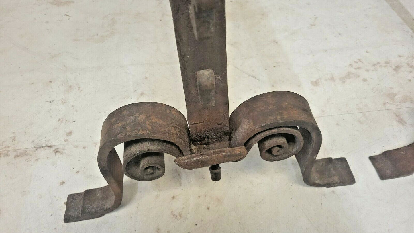 Pair Antique French Forged Iron Basket Top Cressset Andirons Fireplace Spit Dog