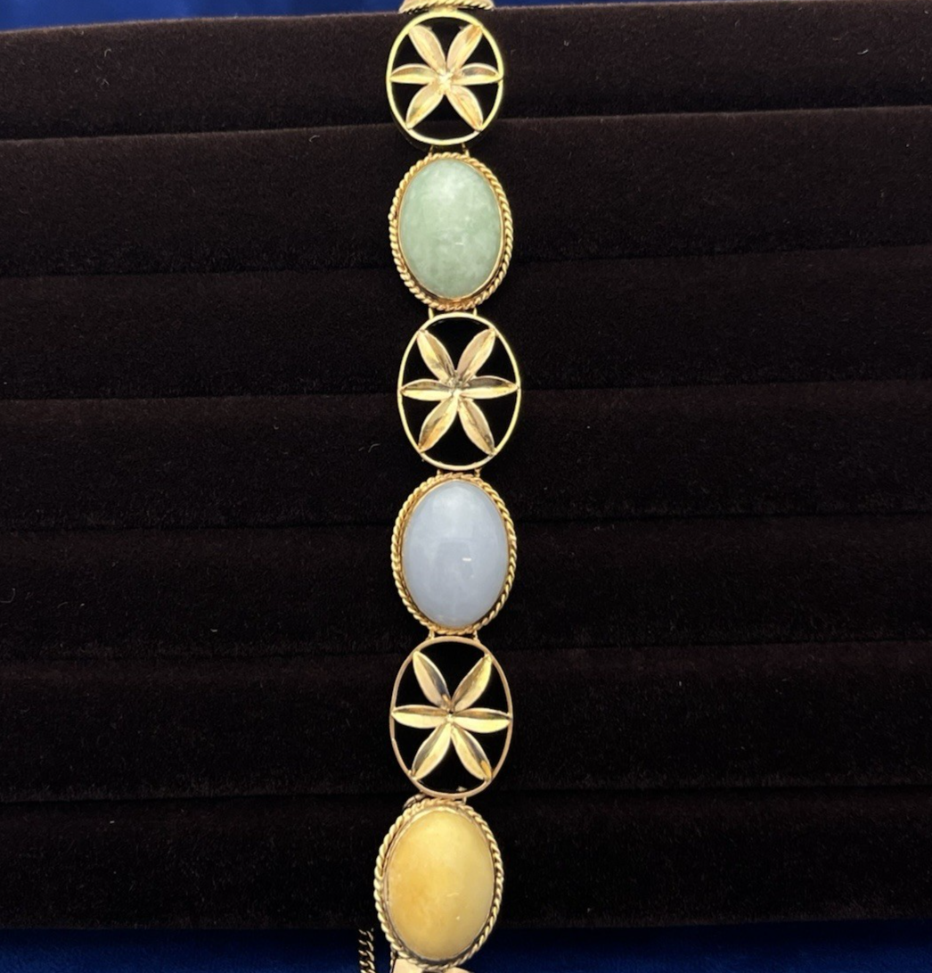 14K Yellow Gold Floral Six Multi Color Oval Cabochon Jade Bracelet 8 in