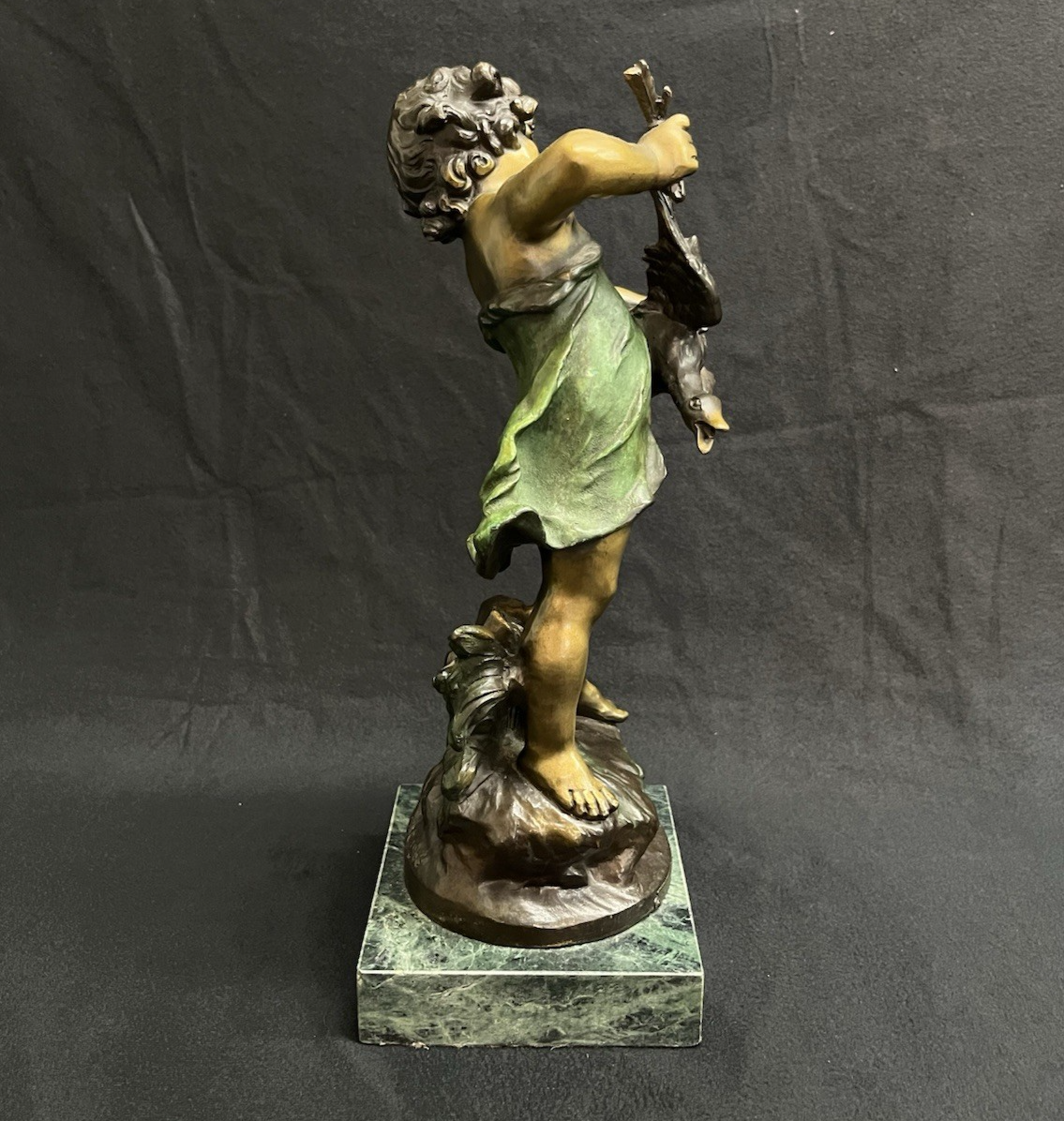 Vintage Auguste Moreau Bronze Sculpture on Marble Base Child w/ Goose Copr. 1906