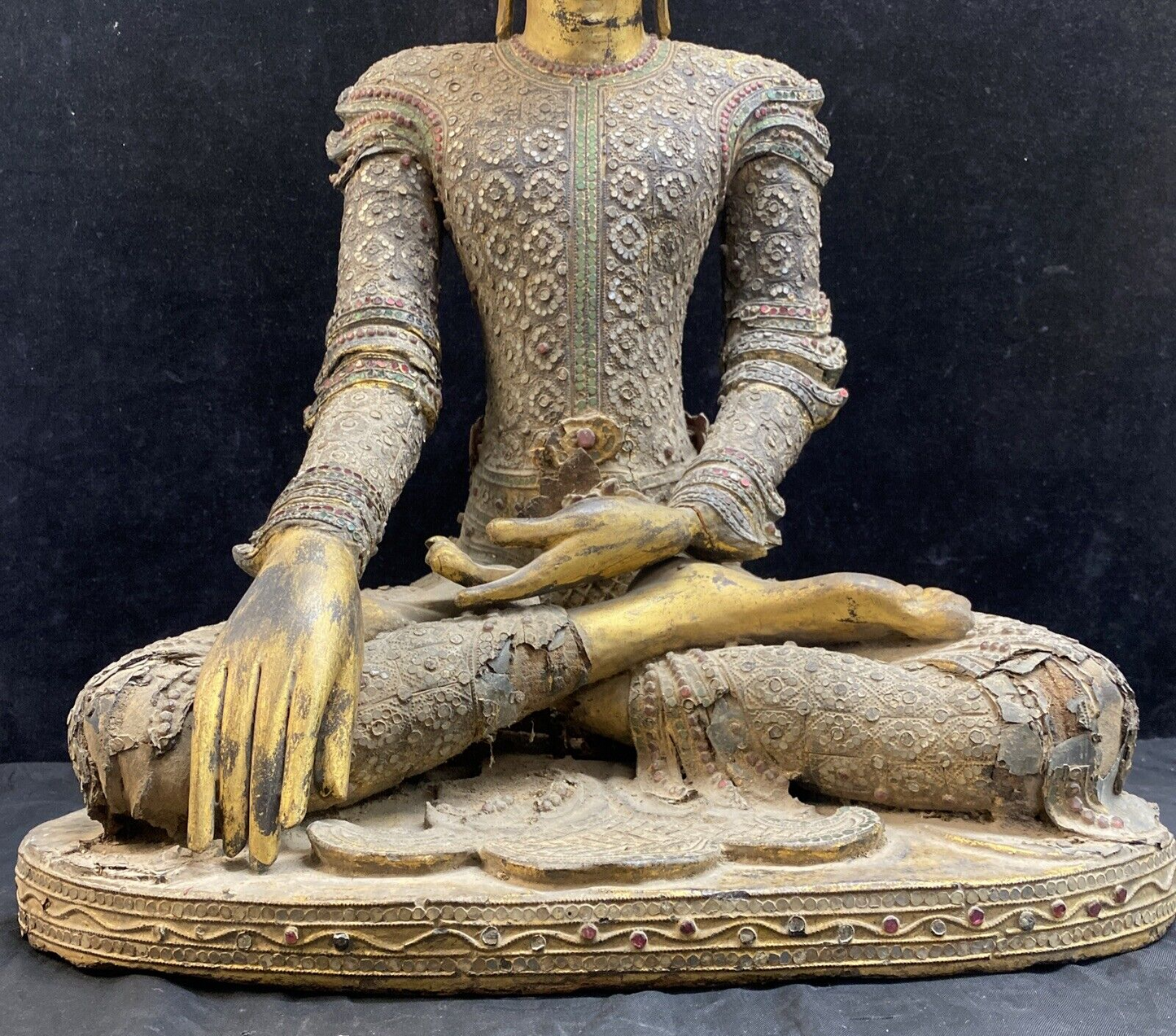 Thai Gilt Wood Seated Buddha Statue w/ Leather & Jewel Adornment