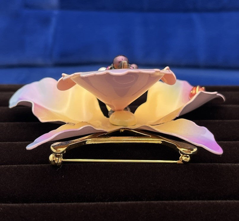 JOAN RIVERS Orchid Brooch Enamel Purple & Peach Flower Lady bug Pin Rhinestones