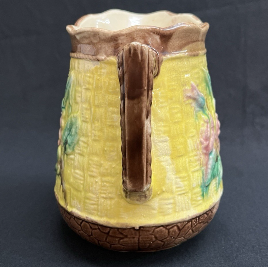 Majolica Basketweave Floral Design Brown and Yellow Jug/Pitcher 6 3/8"