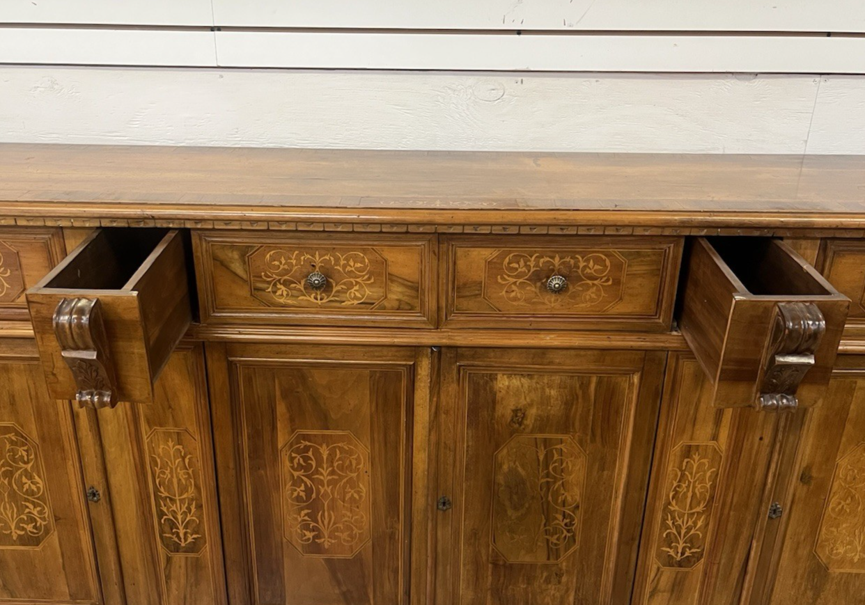 LARGE ITALIAN BURLED WALNUT & MARQUETRY SIDEBOARD, 94"L