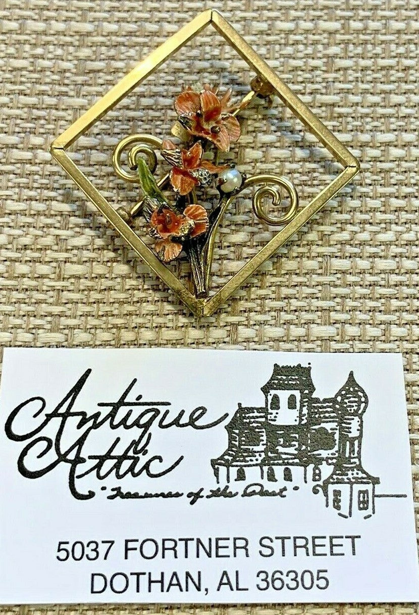 Vintage Dixelle Dainty 12k GF Sterling Trim  Sq Brooch Pin Pearl Enamel Flowers