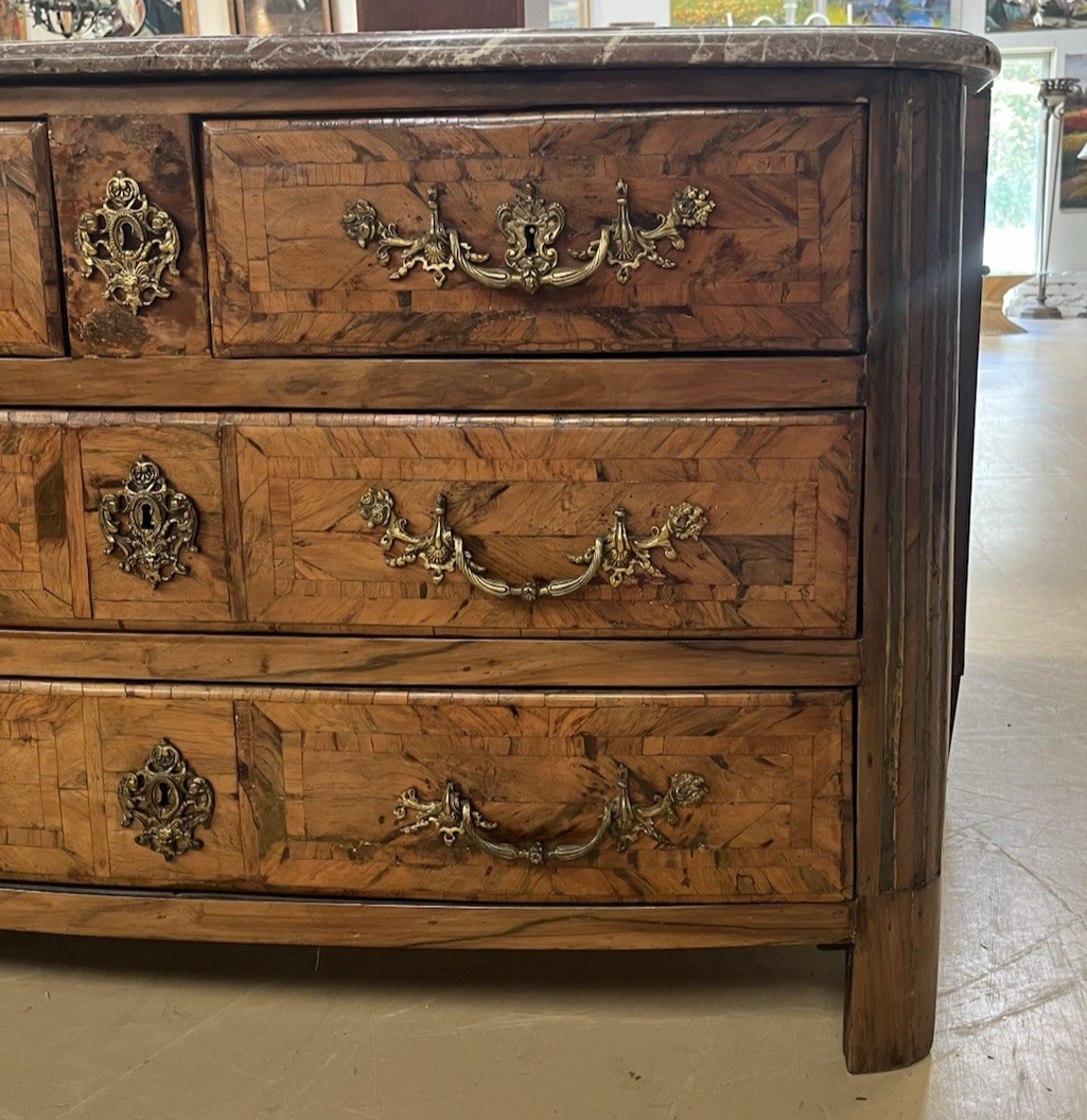ANTIQUE FRENCH LOUIS XIV MARBLE-TOP BURLED WOOD COMMODE CHEST OF DRAWERS 19th C