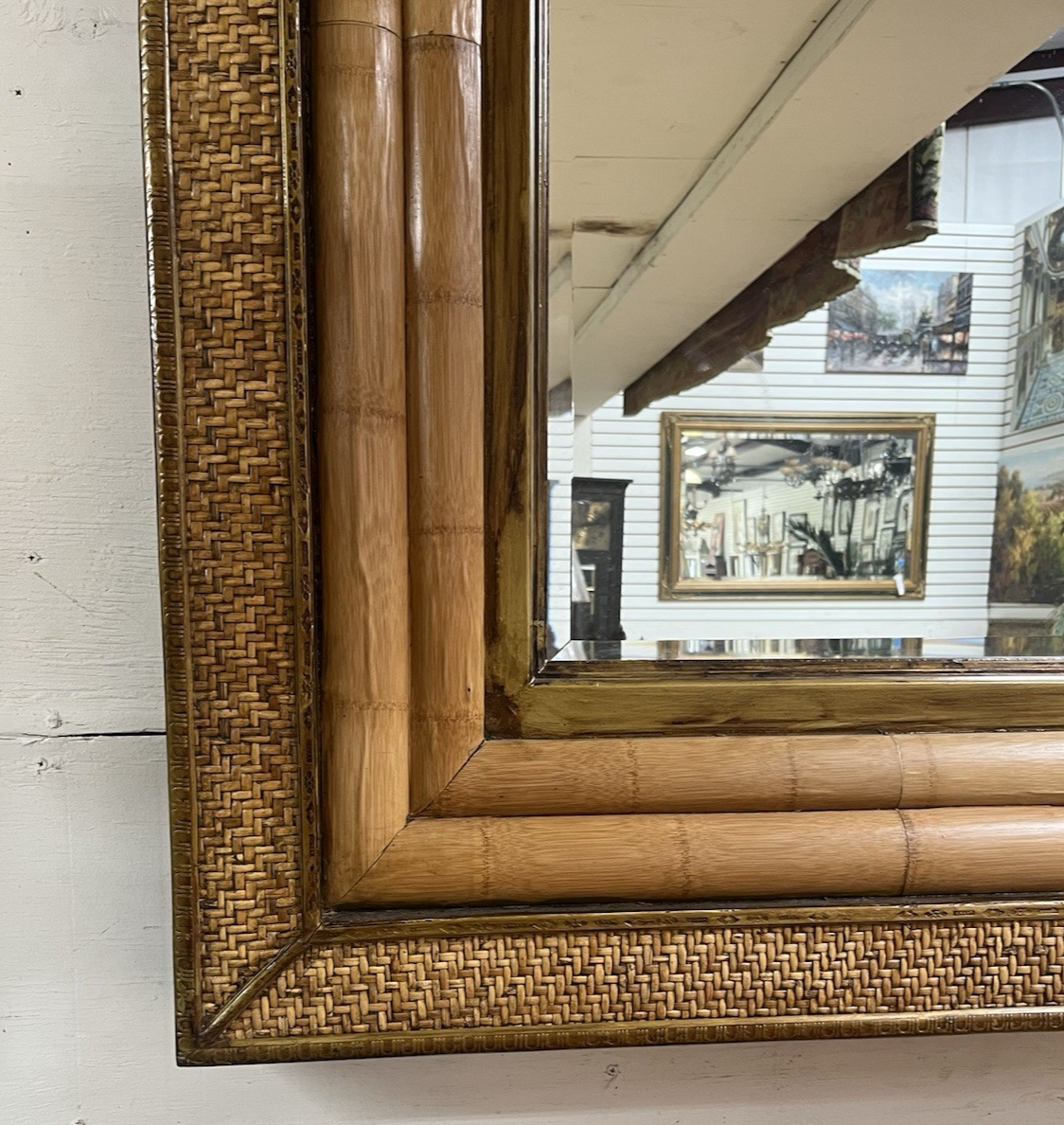 PAIR OF CARIBBEAN STYLE BAMBOO & WOVEN RATTAN FRAMED MIRRORS, 51" X 39.5"