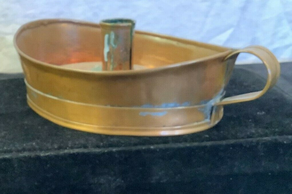Antique Copper CANDLE HOLDER w Finger Loop Chamber stick 1800's