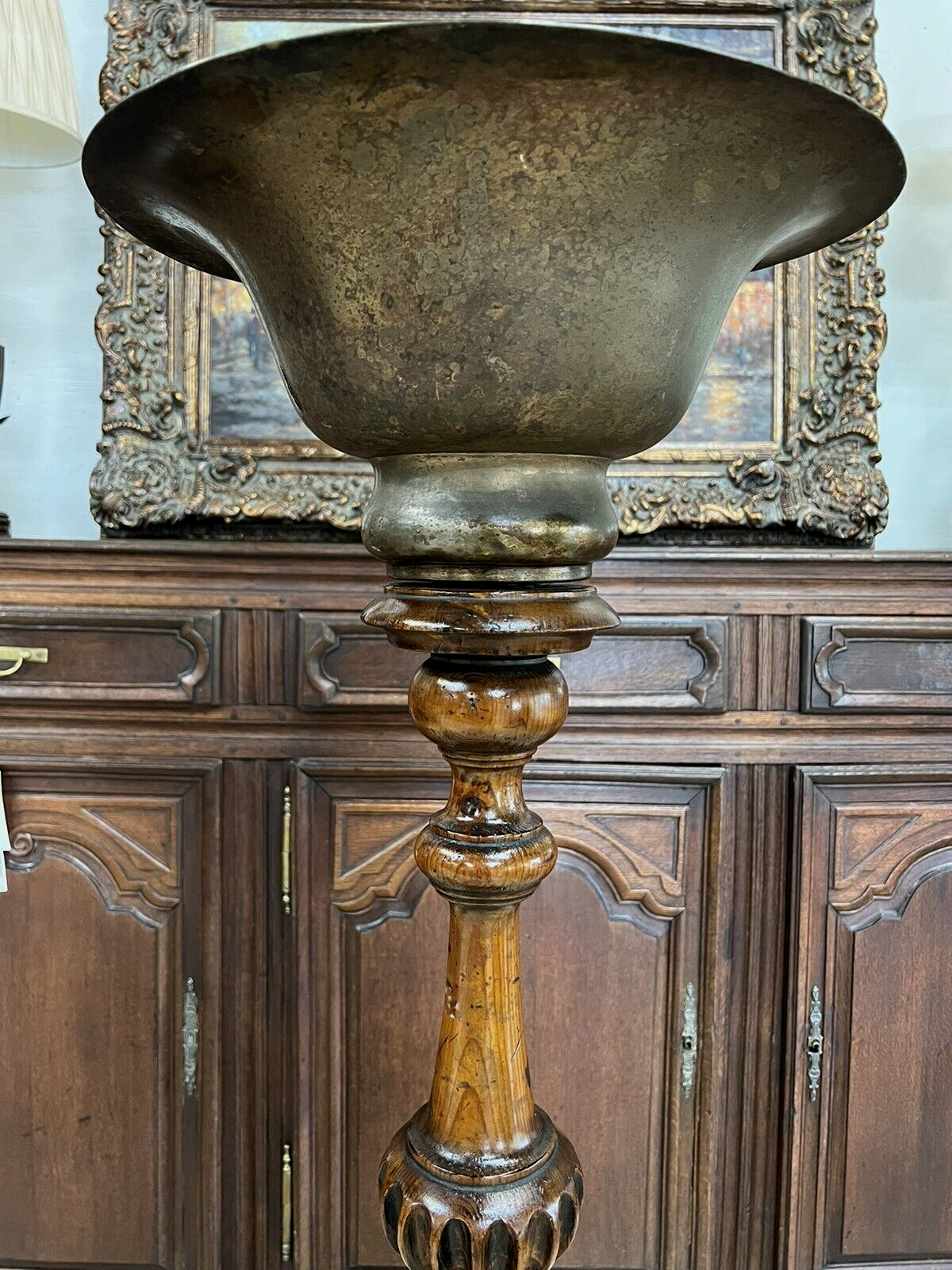 Pair of Antique French Oak Tall Pedestals brass planters jardinière entryway