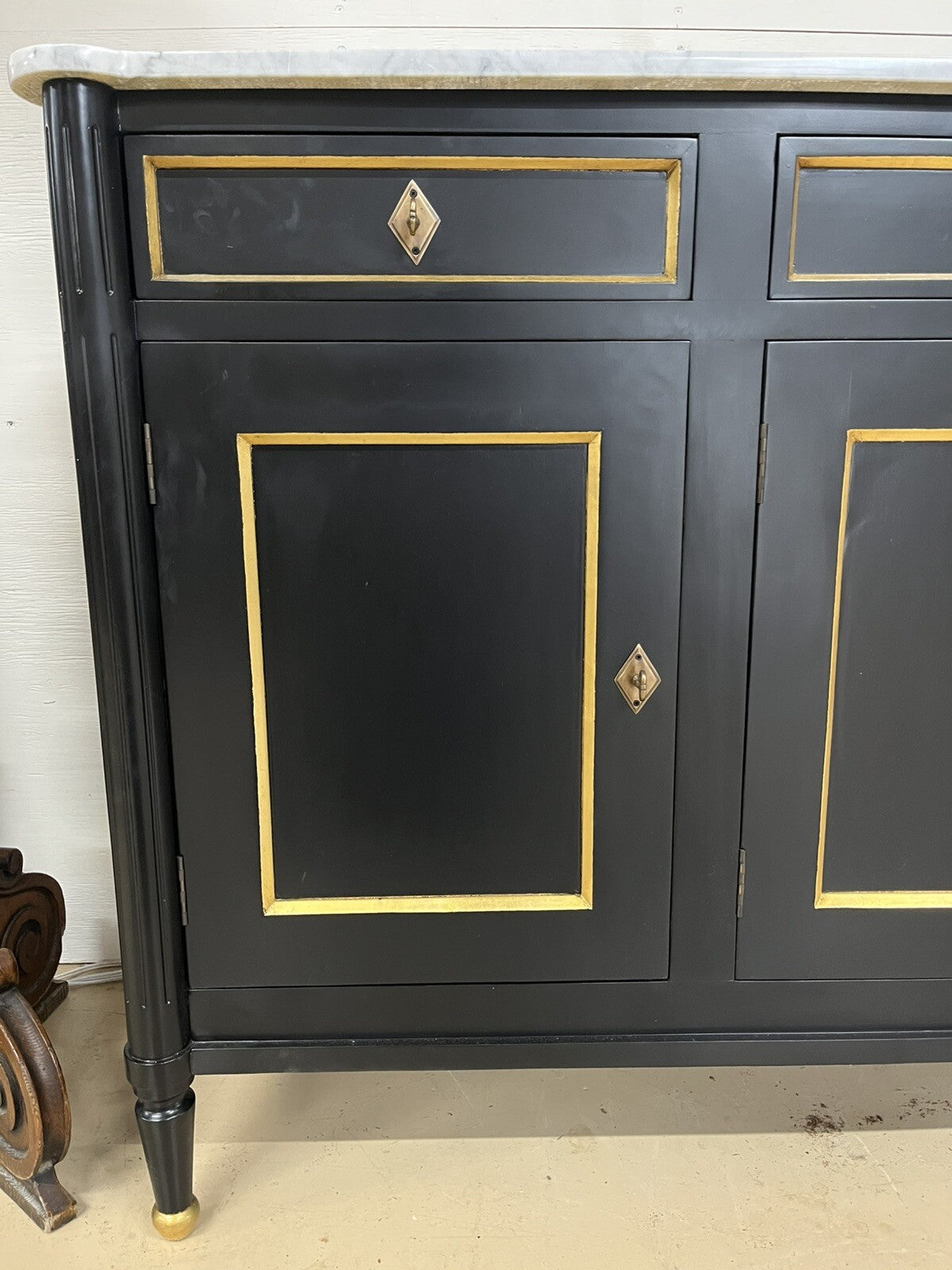 French Louis XVI Marble Top Black & Gold Cabinet Sideboard Cabinet Enfilade