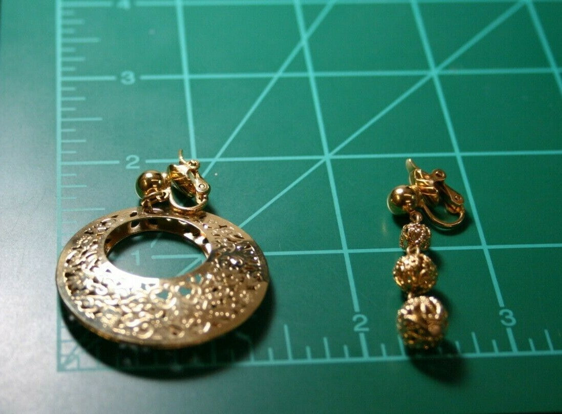 Two Pair  Vintage Trifari Gold Plated Clip Earrings Filigree Hoop & Dangles