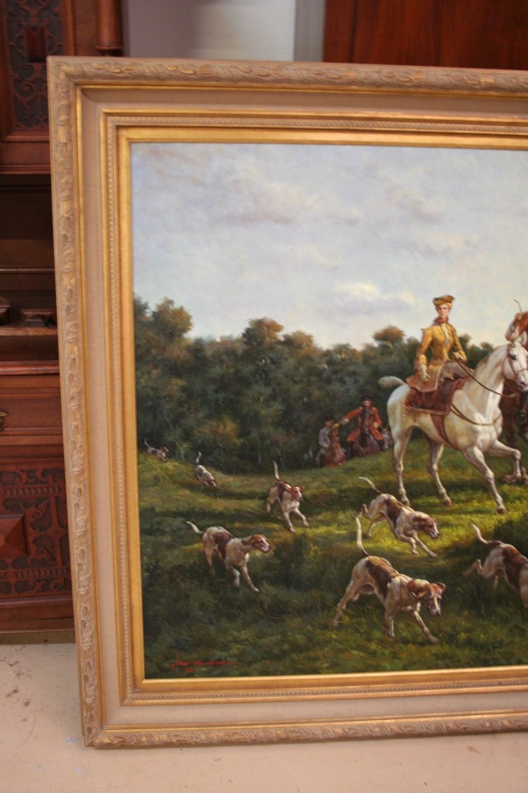 Oil Painting of Fox Hunt Scene Framed 5'x7' artist signed Wiliamson