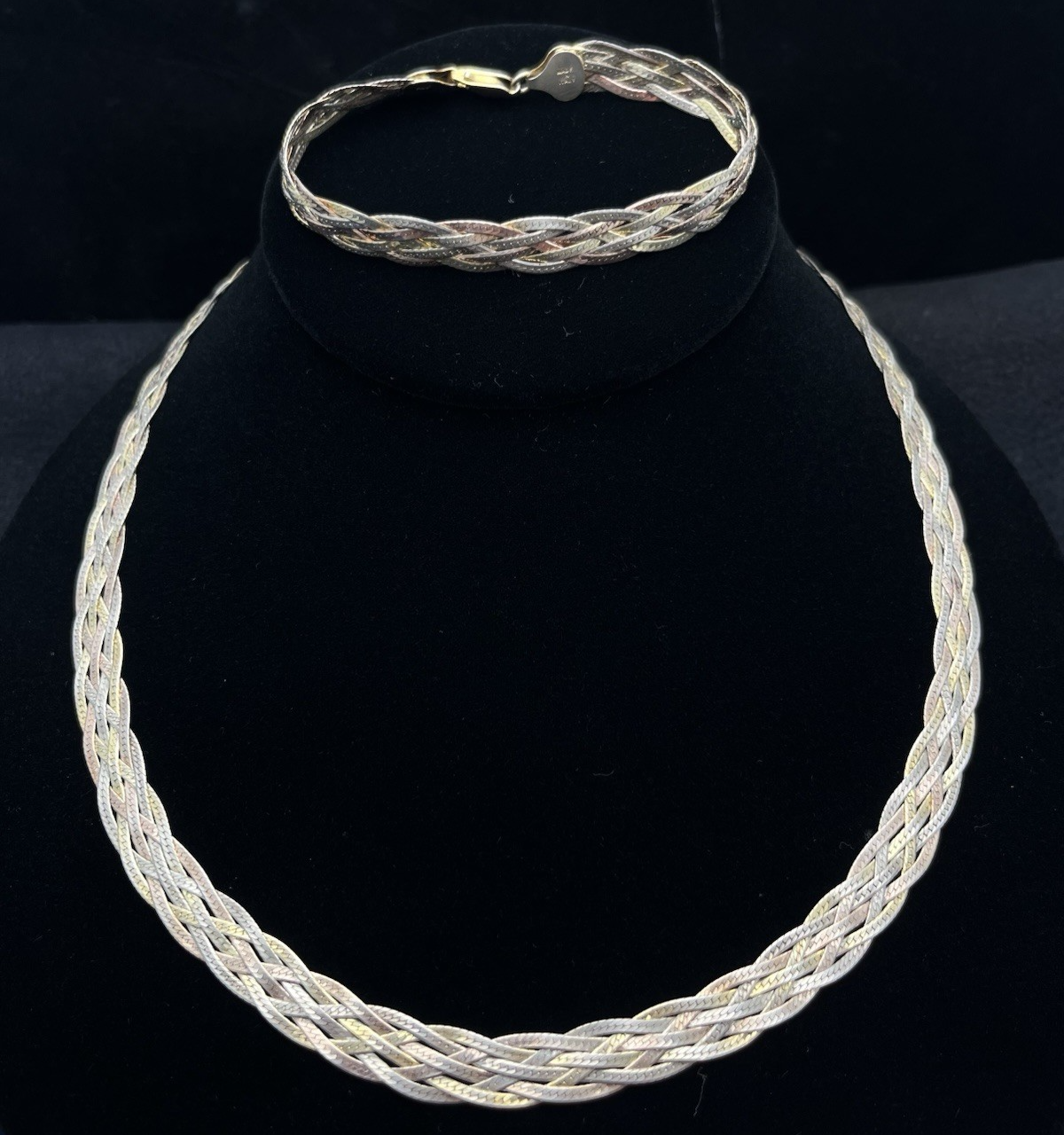 Italian FAS Sterling Silver 3-Tone Braided Herringbone Necklace & Bracelet 20 g
