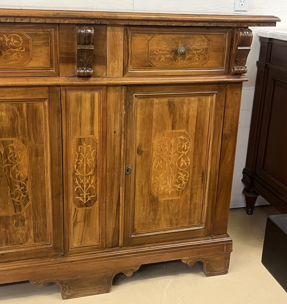 LARGE ITALIAN BURLED WALNUT & MARQUETRY SIDEBOARD, 94"L