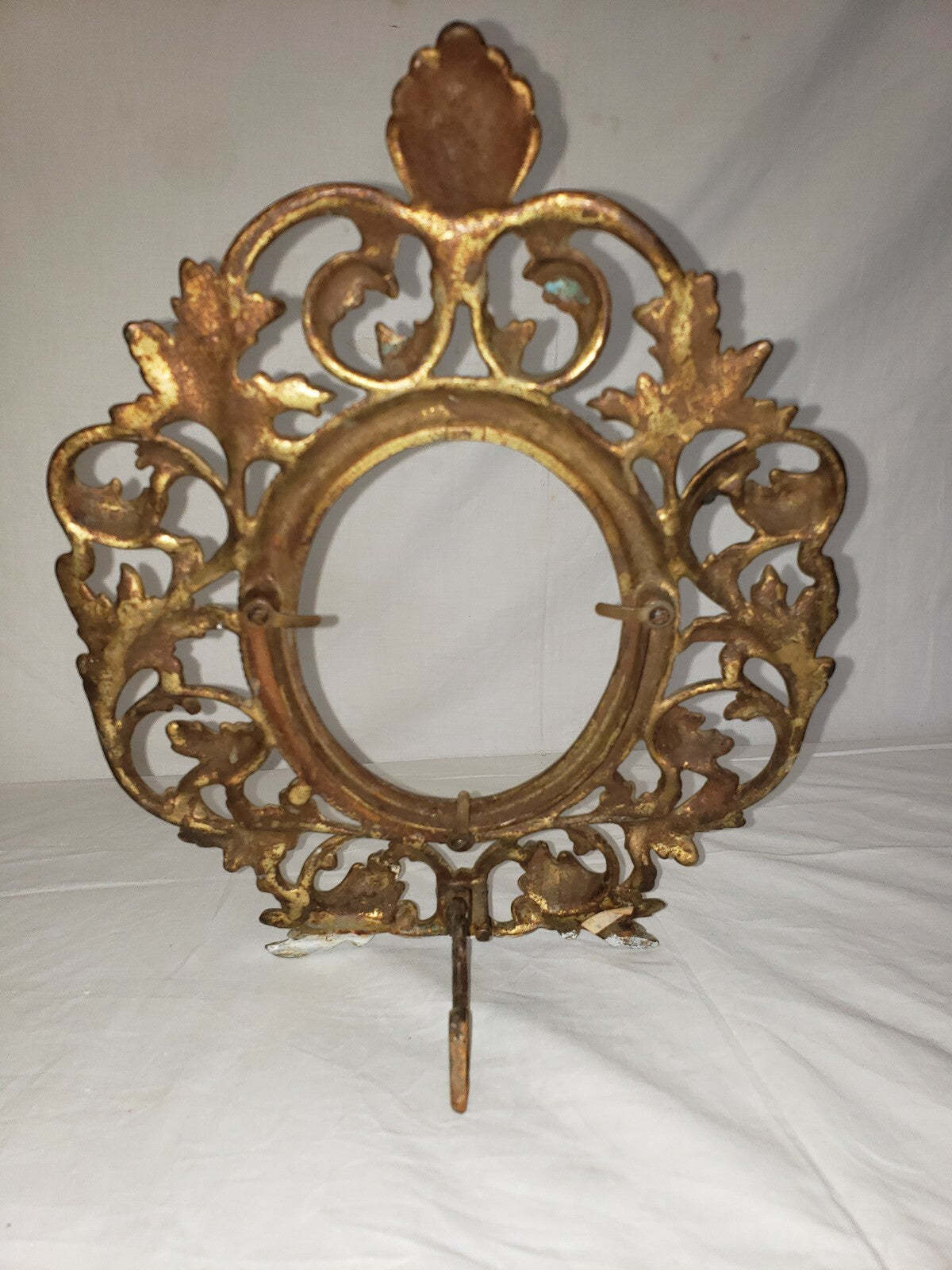 Antique Oval Gilt Cast Iron Tabletop Picture Frame  H 11" x W 8.5"  w Leg Rococo