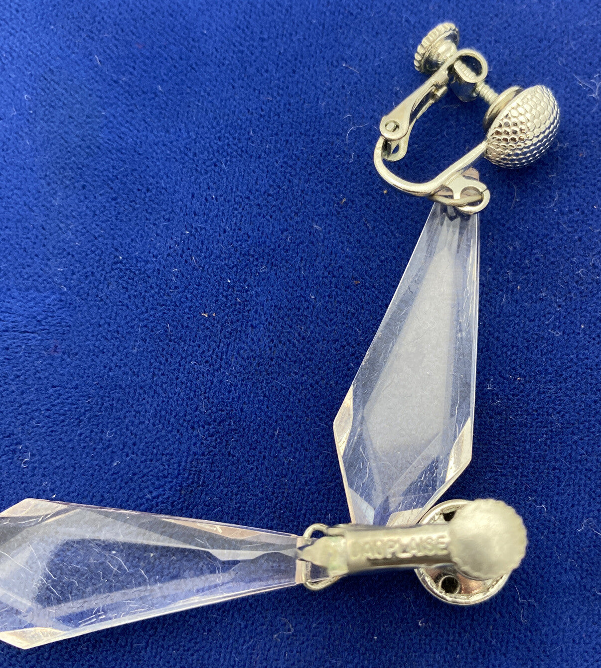 Carol Dauplaise Silver Button Crystal Dangle Screw back Earrings Vintage