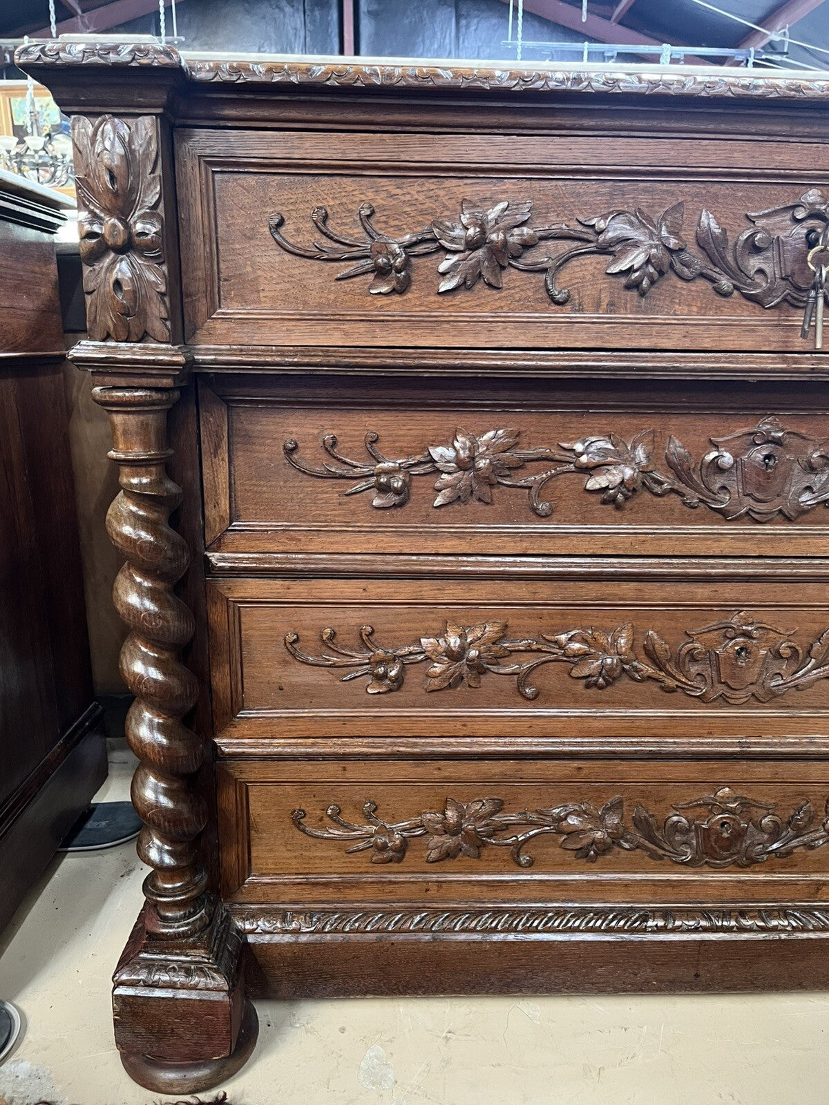 FRENCH RENAISSANCE REVIVAL MARBLE-TOP CARVED OAK COMMODE
