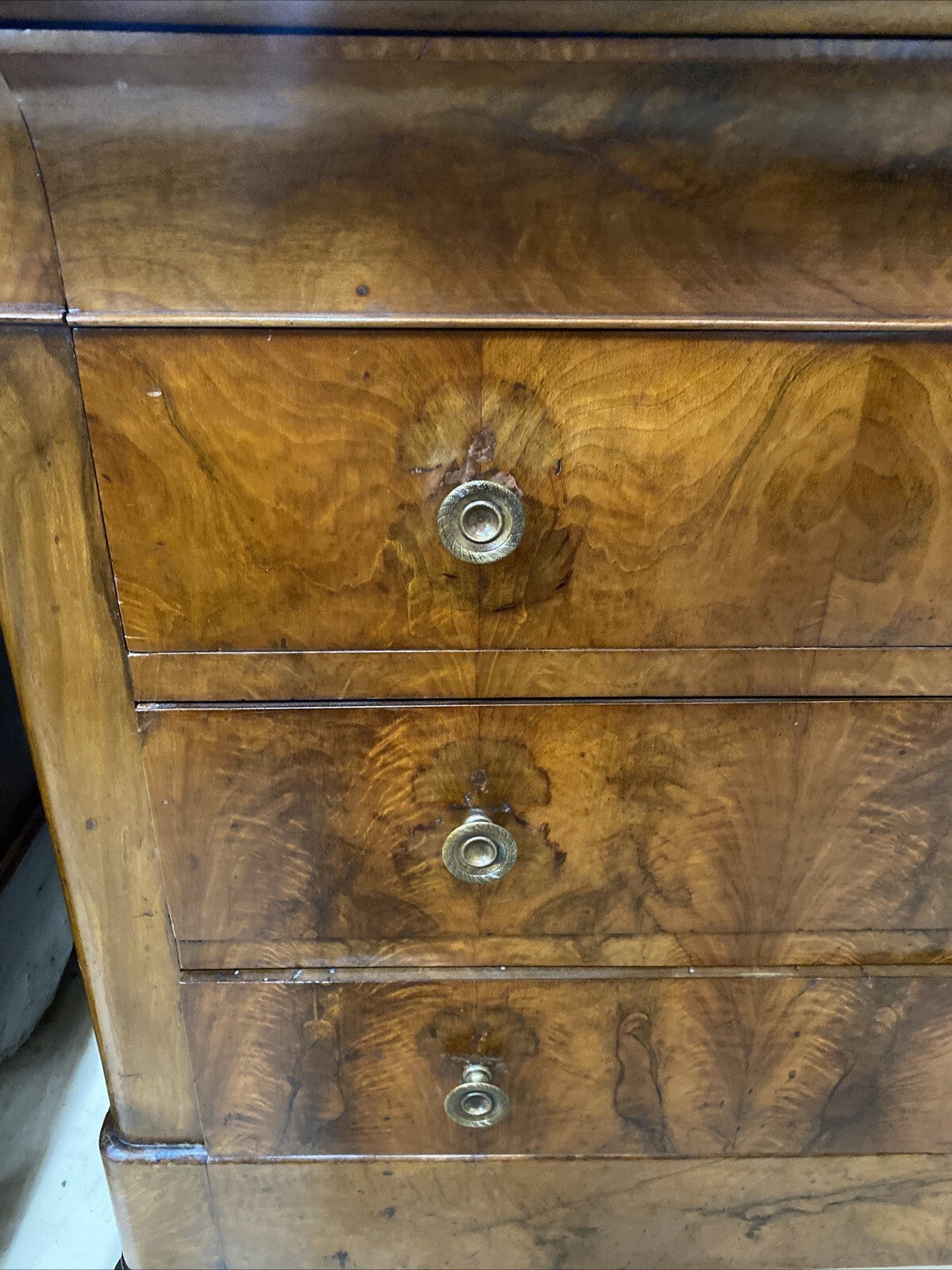 ANTIQUE FRENCH LOUIS PHILIPPE MARBLE-TOP FLAME BURLED MAHOGANY COMMODE CHEST